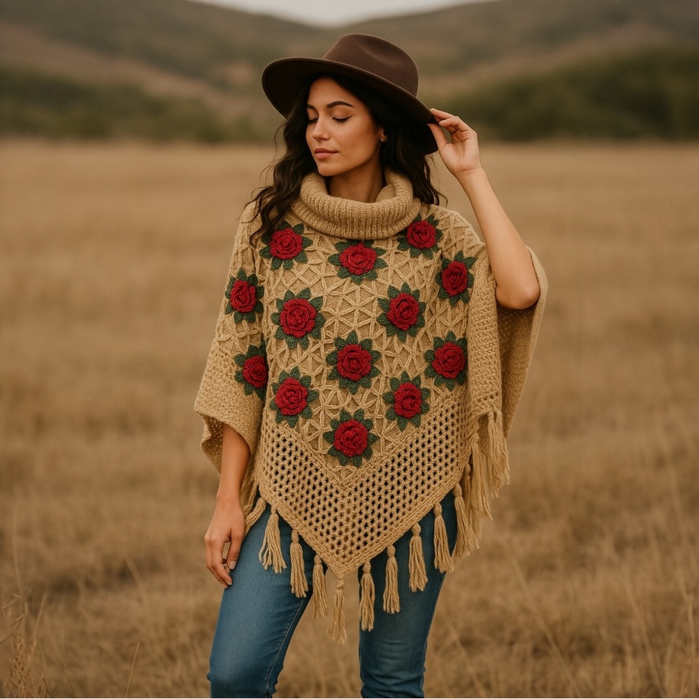 Crochet Knit Shawl Poncho with Rose Appliqué